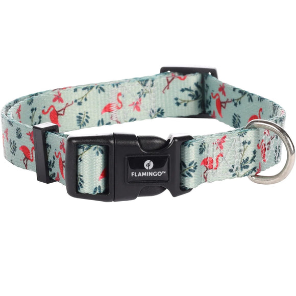 Flamingo Samar Light Green Dog Collar – Adjustable, Colorful Flamingo and Leaf Pattern, Large Size