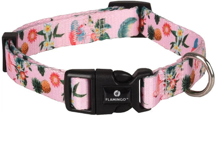 Flamingo Sera Pink Adjustable Dog Collar – Colorful Flamingo and Floral Pattern, Medium Size