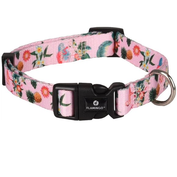 Flamingo Sera Pink Adjustable Dog Collar – Colorful Flamingo and Floral Pattern, Medium Size