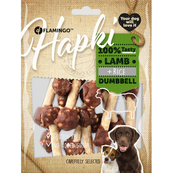 Flamingo Hapki Lamb Rice Dumbbell Treats – Natural Lamb, Rice, Cowhide, 150g Pack