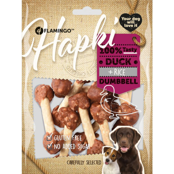 Flamingo Hapki Duck Rice Dumbbell Treats – Natural Duck, Rice, and Cowhide, 150g Pack