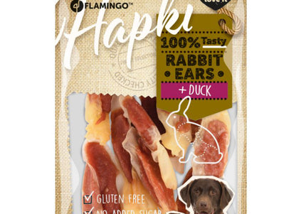 Flamingo Hapki Rabbit Ears with Duck – Natural Air-Dried Dog Treat, 85g Protein Snack