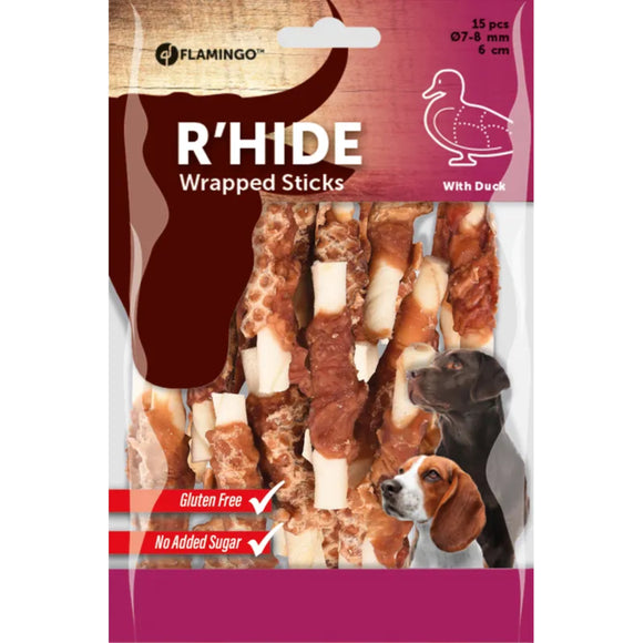 Flamingo R'hide Sticks Duck – Mini Rawhide Treats Wrapped in Duck, 15x6cm, 15 Pack