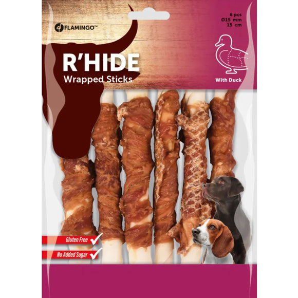 Flamingo R'hide Sticks Duck – Small Rawhide Treats Wrapped in Duck, 6 Pack
