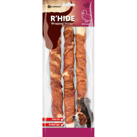 Flamingo R'Hide Wrapped Sticks – Duck Wrapped Dog Treats, 3 Pack, 28cm Each