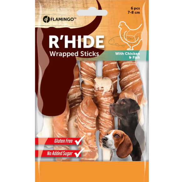Flamingo Wrapped Rawhide Sticks with Chicken and Cod – Aromatic Chewy Treats, 85g