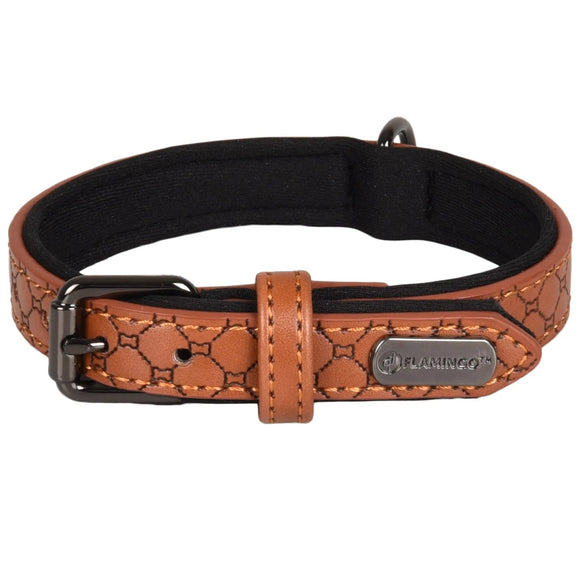 Flamingo Collar Patti Brown – Elegant Lined Dog Collar, Eco-Leather & Neoprene, Embossed, Large