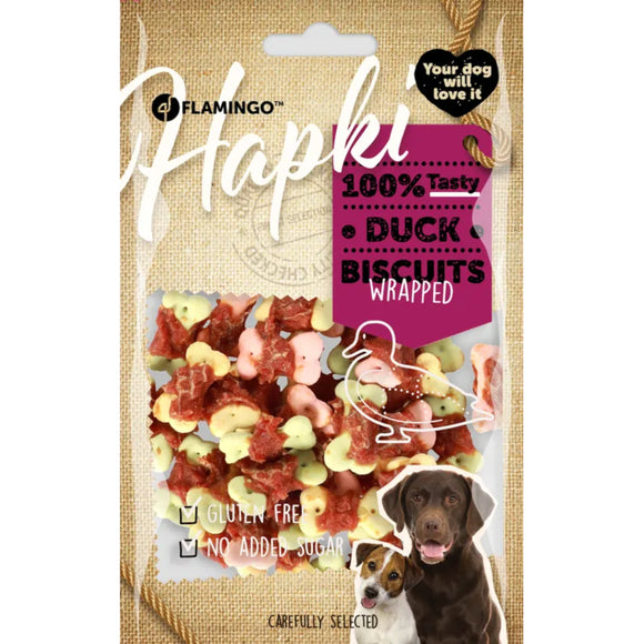 Flamingo Hapki Duck Biscuits Wrap 85g – Colorful Crunchy Dog Treats with Real Duck, 85g Pack