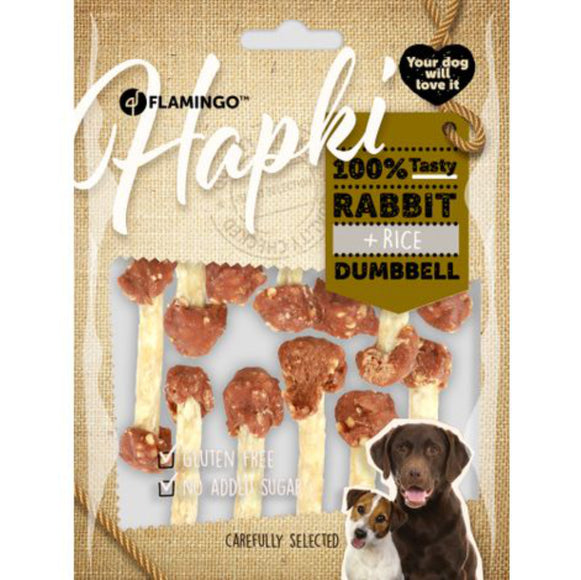 Flamingo Hapki Rabbit Rice Dumbbell Dog Treats – Natural Rabbit, Rice, and Cowhide, 150g