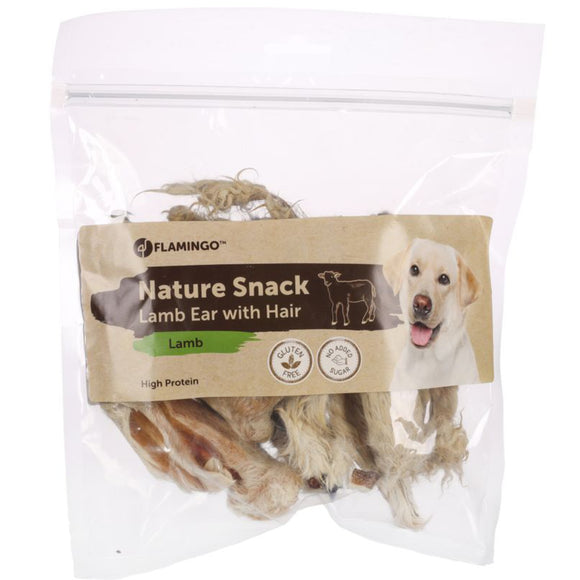 Flamingo Nature Snack Lamb Ears with Hair – Natural Chew Treats, 200g Pack