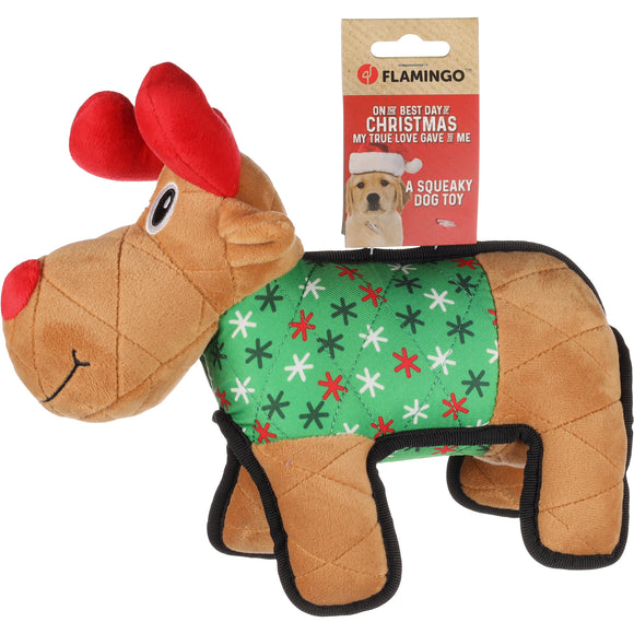 Flamingo Quilty Reindeer Christmas Plush Toy – Soft Brown Squeaker Reindeer, Festive Design