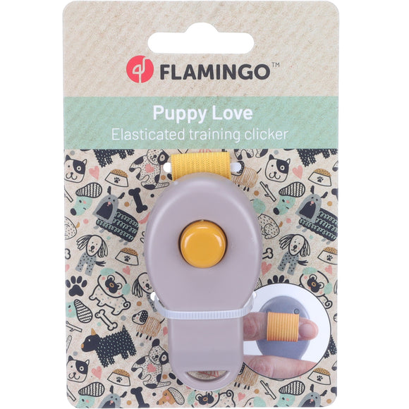Flamingo Puppy Love Training Clicker – Ergonomic Taupe Dog Clicker with Elastic Finger Band