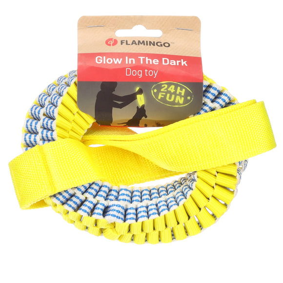 Flamingo Glowa Tug Rope Ring – Large Glow-in-the-Dark Yellow and Blue Durable Toy