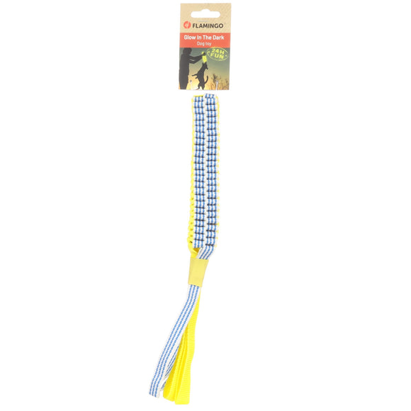 Flamingo Glowa Stick Braided Dog Toy – Glow-in-the-Dark, Yellow and Blue, Small Size