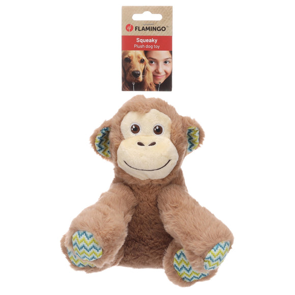 Flamingo Drala Sitting Monkey Plush Toy – Brown, 19cm, Soft Squeaker Playmate