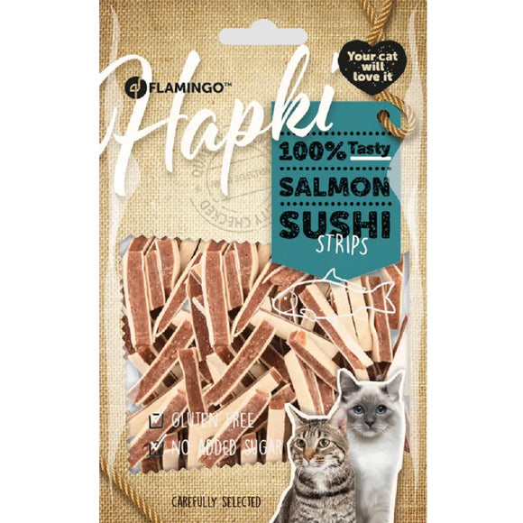 Flamingo Hapki Salmon Sushi Strips 85g – Soft Cat Treats with Salmon and Pollock, High-Protein Snack