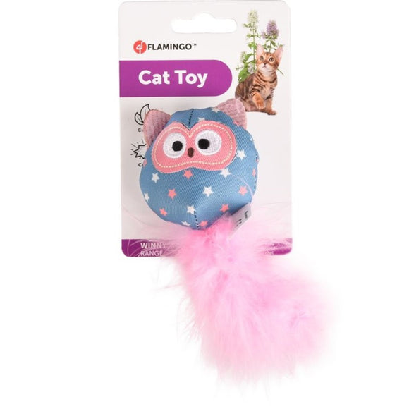 Flamingo Winny Owl Cat Toy – 14cm Plush with Feather Boa, Catnip, and Rustling Sound