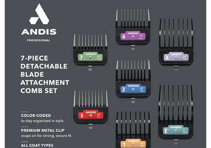 Andis 7-Piece Detachable Blade Attachment Comb Set – Durable Clipper Guides, Assorted Sizes