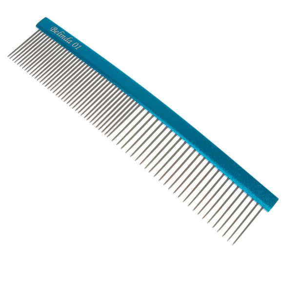 Miranda Belinda 01 Curved Grooming Comb – 19cm Aluminum Handle, Mixed Tooth Spacing