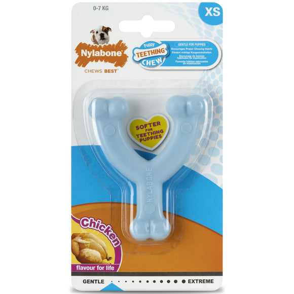Nylabone Puppy Chicken Wishbone XS – Chicken Scented Chew Toy, Extra Small, Blue