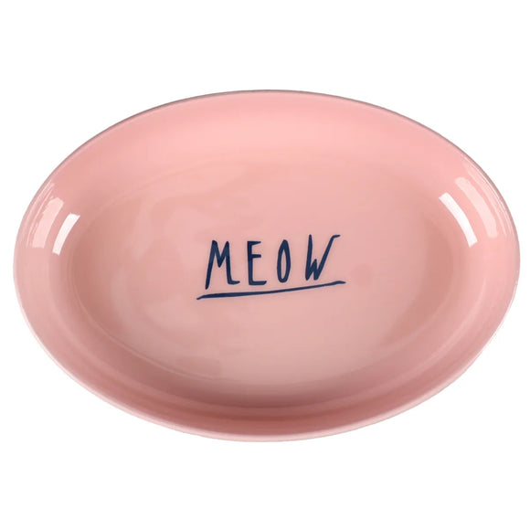 Flamingo Nell Oval Steel Cat Bowl – Light Grey and Pink, 275ml, "MEOW" Inscription