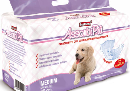 BestBone AssonbiPi Dog Diapers – Medium Size, Leak-Proof Disposable Nappies, 12 Pack