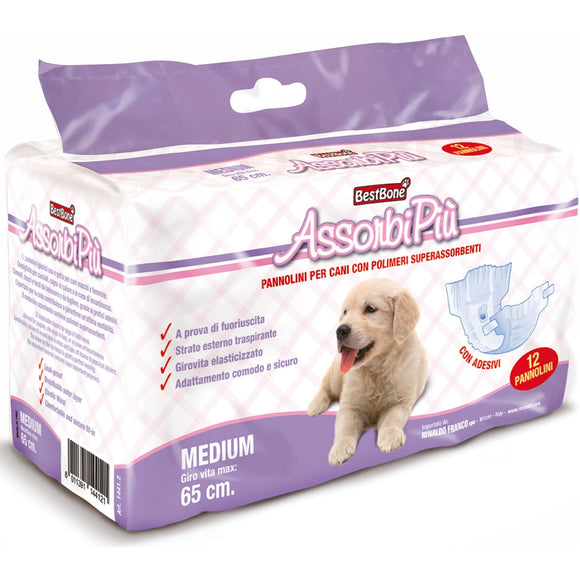 BestBone AssonbiPi Dog Diapers – Medium Size, Leak-Proof Disposable Nappies, 12 Pack