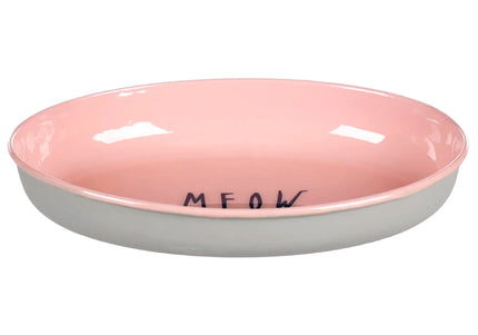 Flamingo Nell Oval Steel Cat Bowl – Light Grey and Pink, 275ml, "MEOW" Inscription