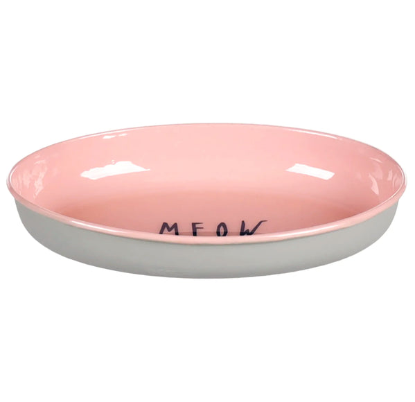 Flamingo Nell Oval Steel Cat Bowl – Light Grey and Pink, 275ml, "MEOW" Inscription