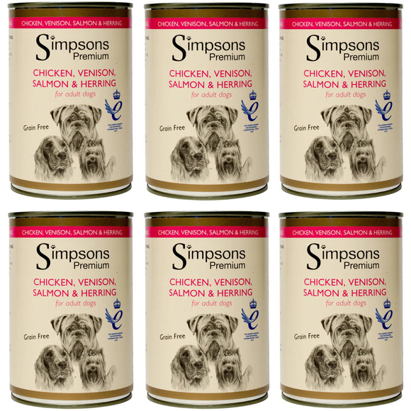 Simpsons Premium Wet Dog Food – Chicken, Venison, Salmon, Herring, Grain-Free, 6x400g
