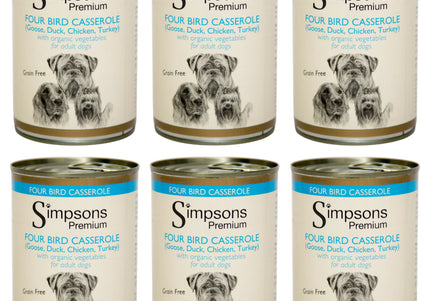 Simpsons Premium Four Bird Casserole Wet Dog Food – Grain-Free Poultry and Vegetable Recipe, 6x400g