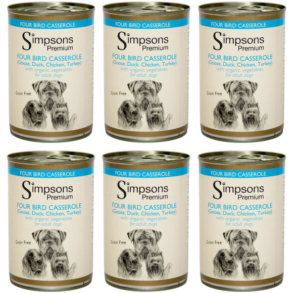 Simpsons Premium Four Bird Casserole Wet Dog Food – Grain-Free Poultry and Vegetable Recipe, 6x400g