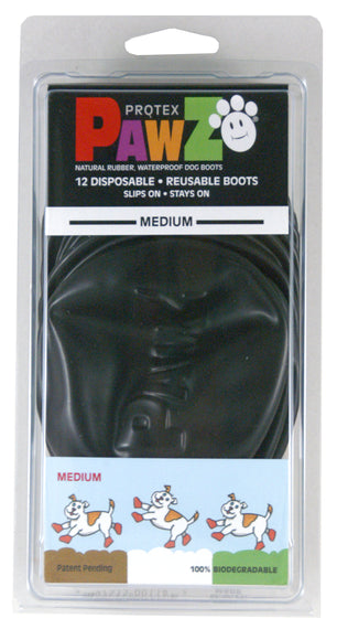 PAWZ Rubber Dog Boots – Black, Medium Size, 12 Pack, Durable Waterproof Protection