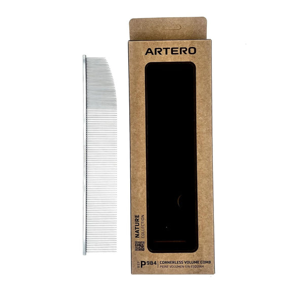 Artero Cornerless Volume Comb 23cm – Large Metal Grooming Comb with Mixed Tooth Spacing, Rounded Edge