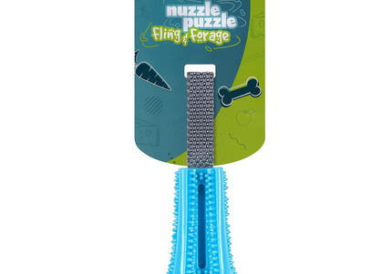 Nuzzle Puzzle Fling N Forage Bell Rubber Dog Toy with Handle and Treat Bell – Durable Interactive Play