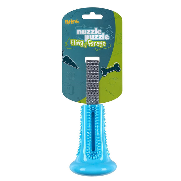 Nuzzle Puzzle Fling N Forage Bell Rubber Dog Toy with Handle and Treat Bell – Durable Interactive Play