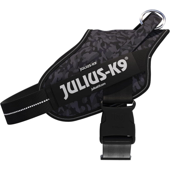 Julius-K9 Power & More Harness Night Camo – Adaptive Leash Ring, Black Camouflage, XXL Size