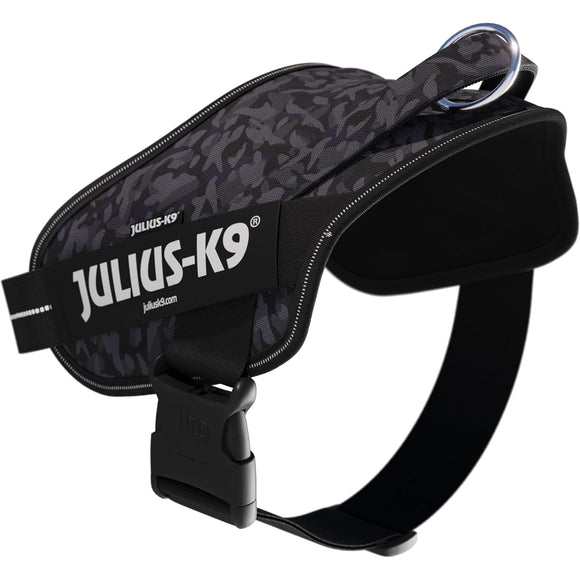 Julius-K9 Power & More Harness Night Camo – Adaptive Leash Ring, Black Camouflage, XXL Size