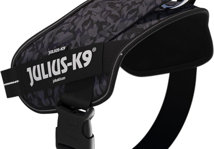 Julius-K9 Power & More Harness Night Camo – Adaptive Leash Ring, Black Camouflage, XXL Size