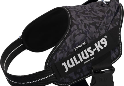 Julius-K9 Power & More Harness Night Camo – Adaptive Leash Ring, Black Camouflage, XXL Size