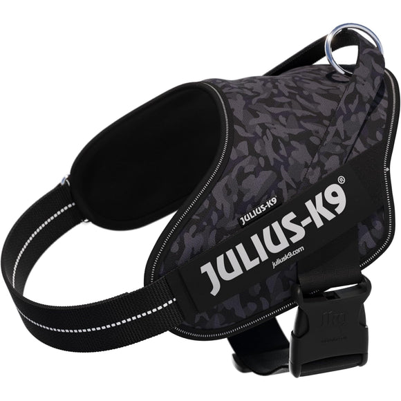 Julius-K9 Power & More Harness Night Camo – Adaptive Leash Ring, Black Camouflage, XXL Size