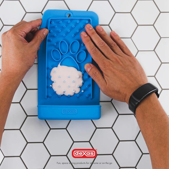 Dexas Snack & Distract Silicone Licking Mat with Pocket – Vertical Design, Blue