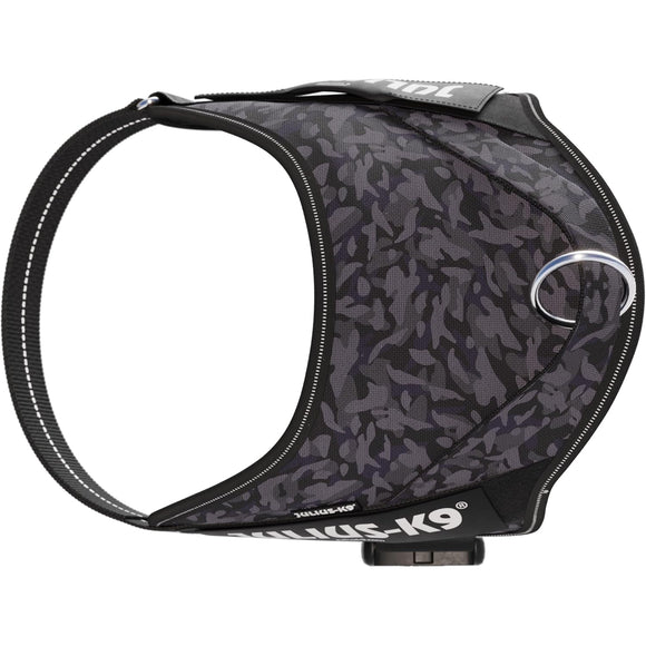 Julius-K9 Power & More Harness Night Camo – Adaptive Leash Ring, Black Camouflage, XXL Size