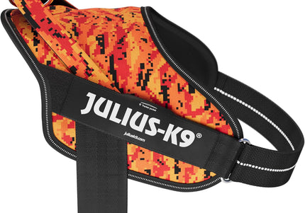 Julius-K9 Power & More Pixeljuice Harness – XXL Adjustable Dog Harness with Adaptive Leash Ring, Orange Pixels