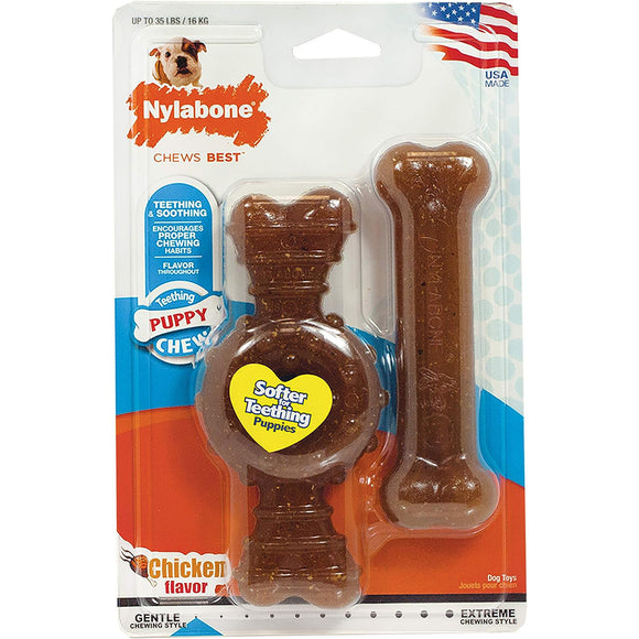 Nylabone Puppy Bone and Ring Bone – Soft Chicken-Flavored Chew Set, Twin Pack