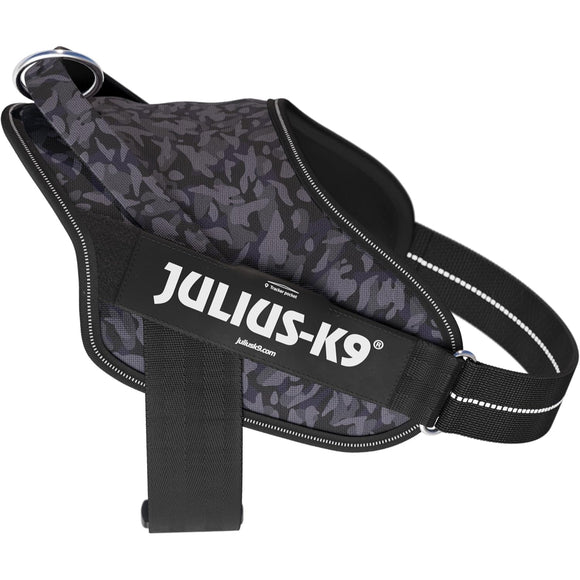 Julius-K9 Power & More Harness Night Camo – Adaptive Leash Ring, Black Camouflage, XXL Size