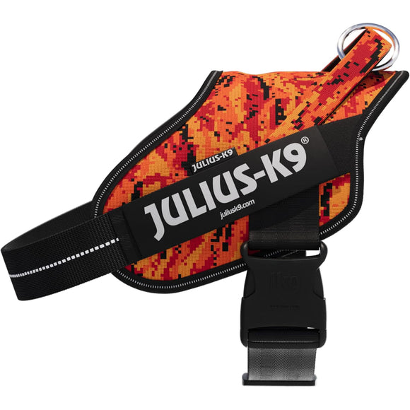 Julius-K9 Power & More Pixeljuice Harness – XXL Adjustable Dog Harness with Adaptive Leash Ring, Orange Pixels
