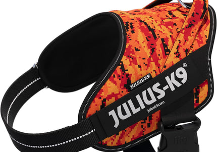 Julius-K9 Power & More Pixeljuice Harness – XXL Adjustable Dog Harness with Adaptive Leash Ring, Orange Pixels