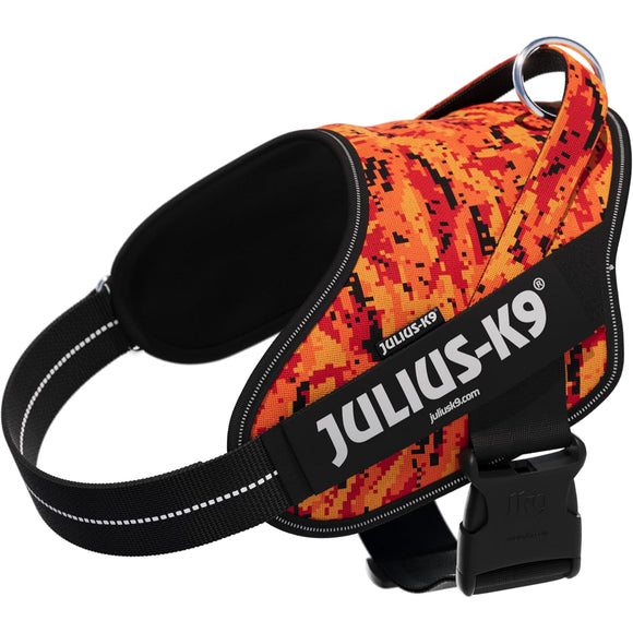 Julius-K9 Power & More Pixeljuice Harness – XXL Adjustable Dog Harness with Adaptive Leash Ring, Orange Pixels