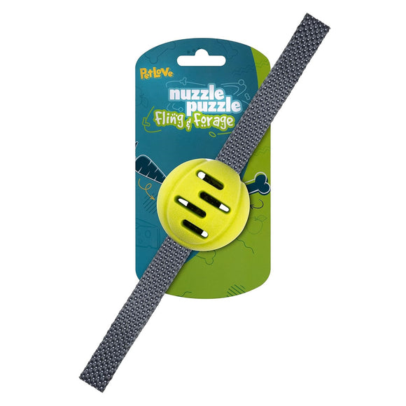 Nuzzle Puzzle Fling N Forage Ball 29cm – Rubber Dog Ball with Handles, Interactive Fetch and Treat Toy